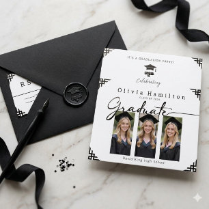 Modern Black & White 3 Photo Class of 2026 Grad Invitation