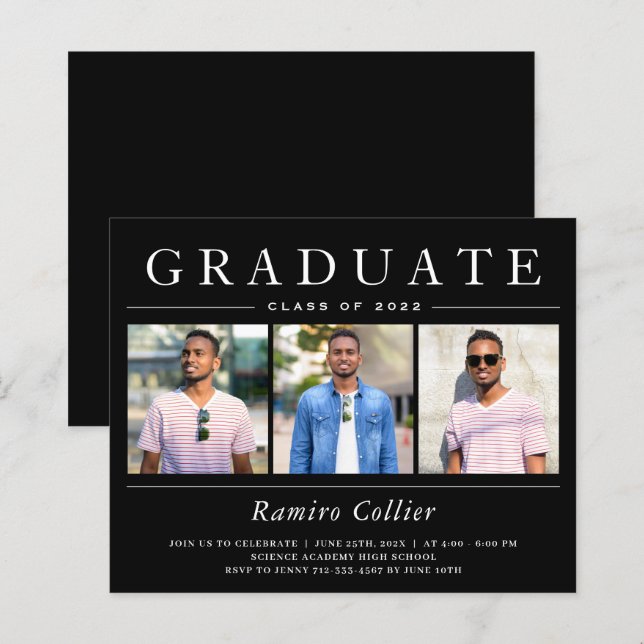 Modern Black White 3 Photo Graduation Invitations (Front/Back)