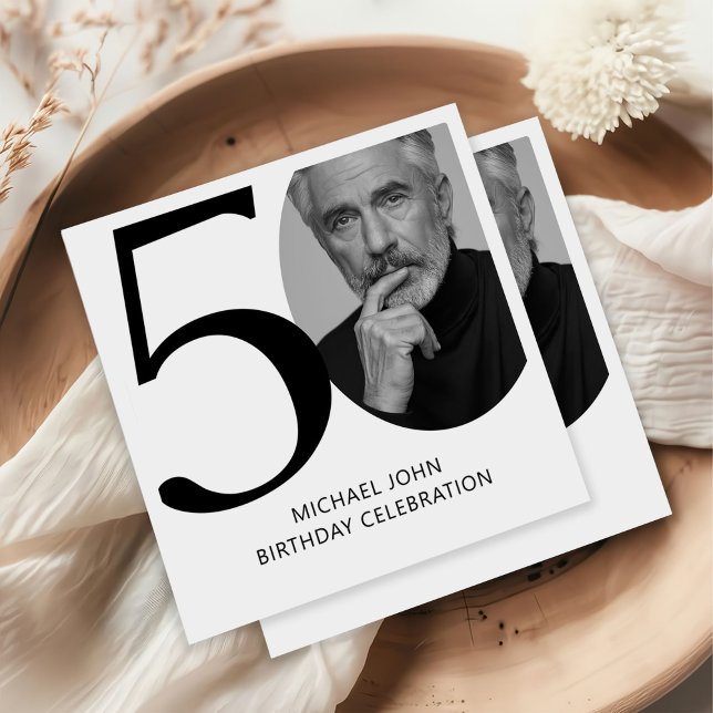 Modern Black & White 50th Photo Birthday Napkin (Creator Uploaded)