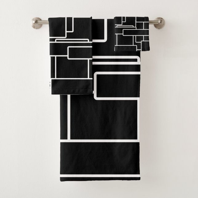 Modern Black & White Abstract Geometric Bath Towel Set (Insitu)
