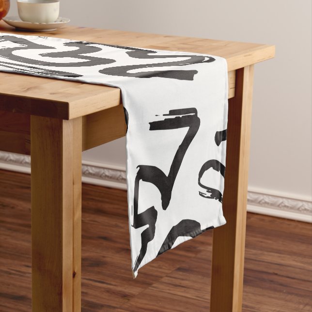 Modern Black White Abstract Graffiti Brushstrokes Short Table Runner (In Situ)