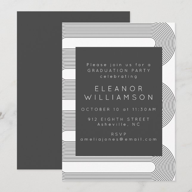 Modern Black White Abstract Line Graduation Party Invitation (Front/Back)