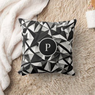 Modern Black & White Abstract Pattern Monogram Throw Pillow