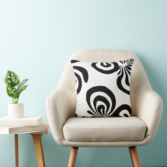 Modern Black White Abstract Wavy Pattern Throw Pillow (Chair)