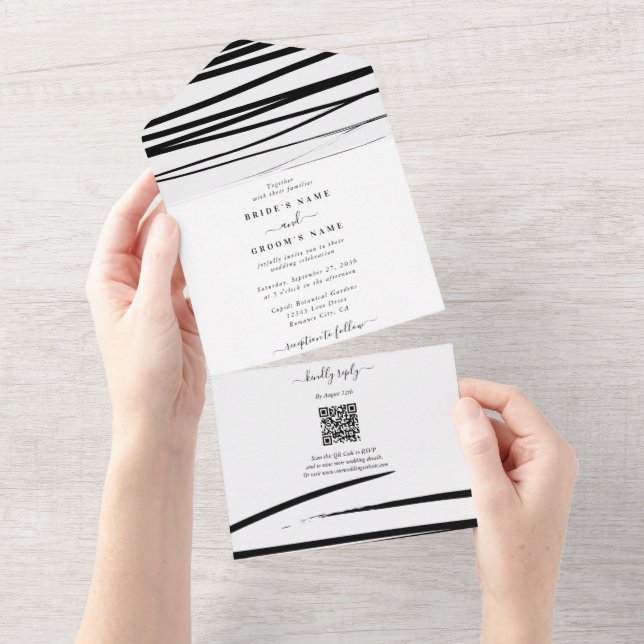 Modern Black White Abstract Wedding All In One Invitation (Tearaway)