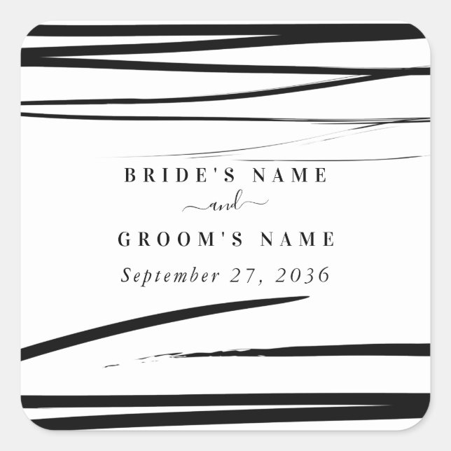 Modern Black White Abstract Wedding Favour Square Sticker (Front)