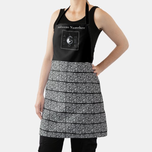 Modern Black White Add Name Logo QR Code Business  Apron (Insitu)