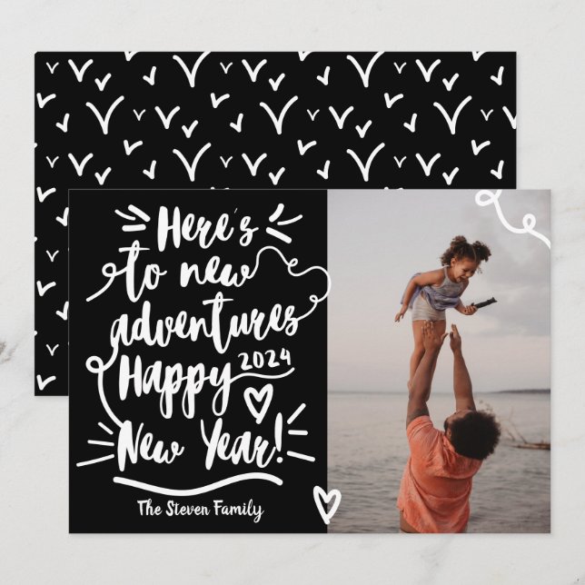 Modern black white adventure New Year photo Holiday Card (Front/Back)