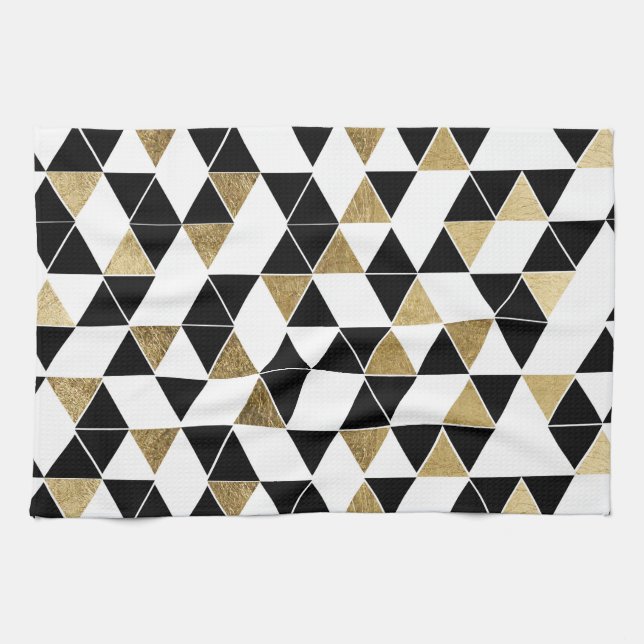 Modern Black, White, and Faux Gold Triangles Kitchen Towel (Horizontal)