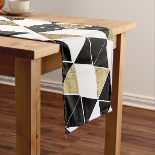 Modern Black, White, and Faux Gold Triangles Short Table Runner
