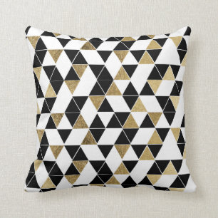 Modern Black, White, and Faux Gold Triangles Throw Pillow