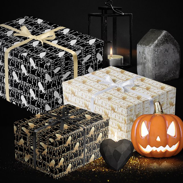 Modern Black White And Gold Chic Adult Halloween Wrapping Paper Sheet (Halloween wrapping paper, spooky Halloween wrapping paper in black and gold and black and white)