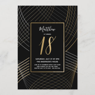Modern Black,  White and Gold Eighteenth Birthday Invitation