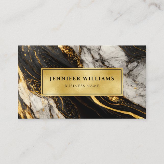 Modern Black White and Gold Marble QR Code Business Card (Front)