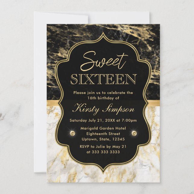Modern Black, White and Gold Marble Sweet 16 Invitation (Front)