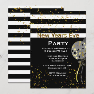 Modern Black, White and Gold New Years Eve Party Invitation