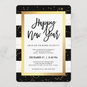 Modern Black White and Gold New Year's Eve Party Invitation