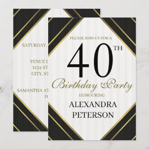 Modern Black White And Gold Stripes Birthday Invitation