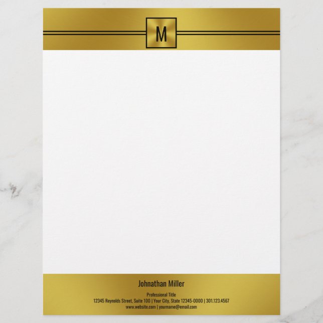 Modern Black White and Gold with Monogram Letterhead (Front)