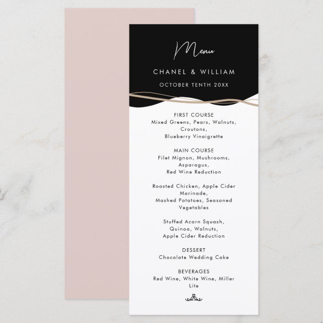 Modern black, white and pink wedding menu (Front/Back)