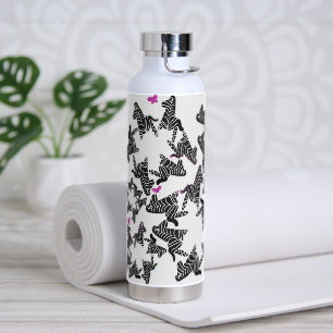Modern black white and pink zebra water bottle