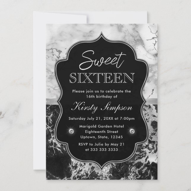 Modern Black, White and Silver Marble Sweet 16 Invitation (Front)