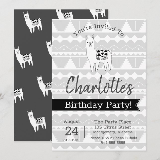 Modern Black & White Aztec Llama Birthday Invitation (Front/Back)