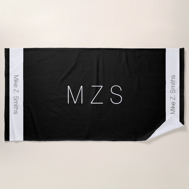 modern black / white beach towel with name (Front)