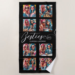 Modern Black White Bestie 8 Photo Collage Beach Towel