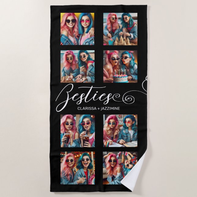 Modern Black White Bestie 8 Photo Collage Beach Towel (Front)