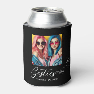 Modern Black White Bestie Photo Personalized Can Cooler