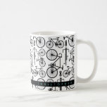 Modern Black & White Bicycle Pattern Coffee Mug<br><div class="desc">Where did you get that awesome mug? This stunning pattern features several views of modern bicycles in classic black and white! Easily change the text - or delete it along with the text bar to reveal a continuous pattern. Give yourself and your cycling friends and family a personal and meaningful...</div>