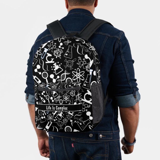 modern black white biochemistry life is complex  printed backpack (Insitu (Model))