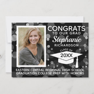 Modern Black White Bokeh Bubbles Photo Graduation Invitation