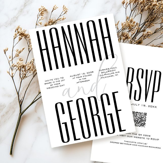 Modern Black & White Bold Simple QR Code Wedding Invitation (Unique simple bold typography black and white all-in-one QR code RSVP minimalist wedding invitation)