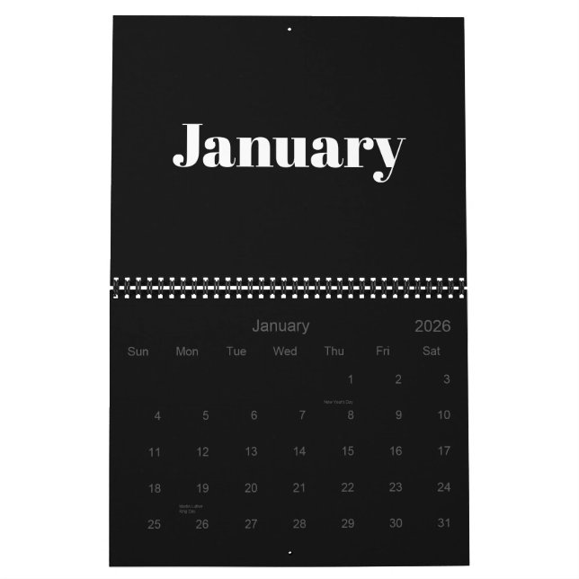 Modern black white bold typography month 2024 calendar (Jan 2026)