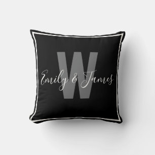 Modern Black White Border Couple Monogram Throw Pillow