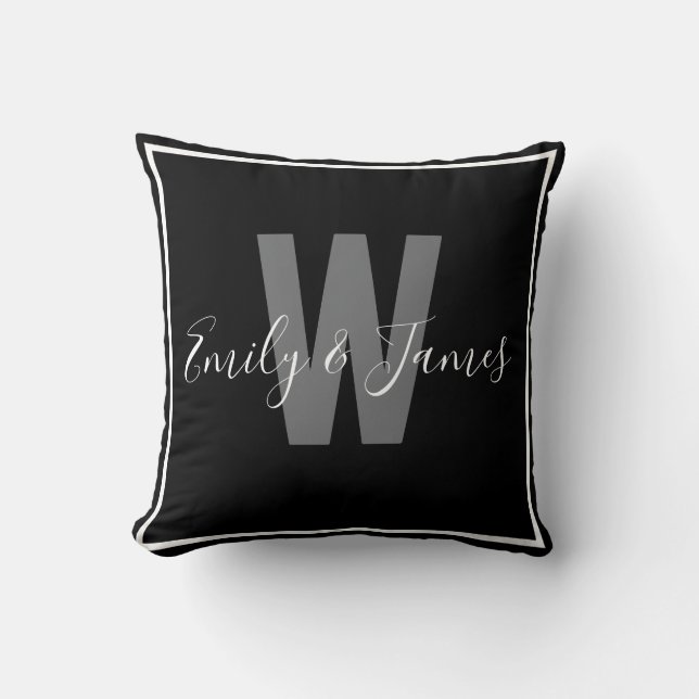 Modern Black White Border Couple Monogram Throw Pillow (Front)