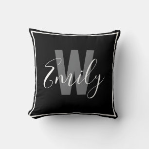 Modern Black White Border Monogram Throw Pillow