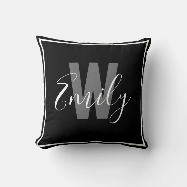 Modern Black White Border Monogram Throw Pillow (Front)
