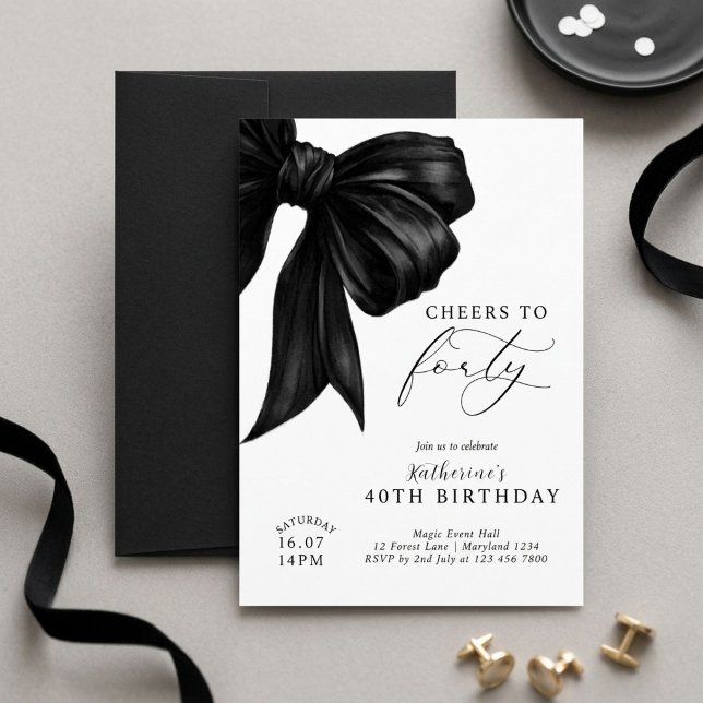 Modern Black & White Bow 40th Birthday  Invitation (Creator Uploaded)