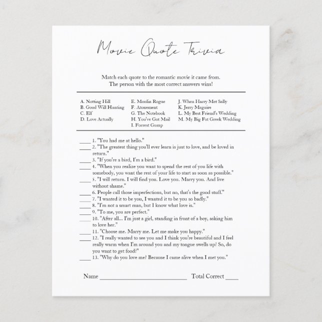 Modern Black White Bridal Shower Movie Quotes Flyer (Front)