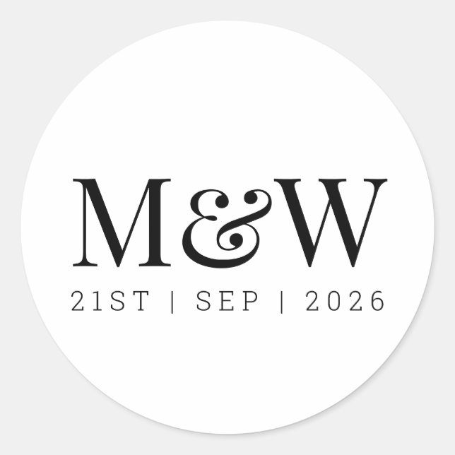 Modern Black White Bride Groom Monogram Classic Round Sticker (Front)