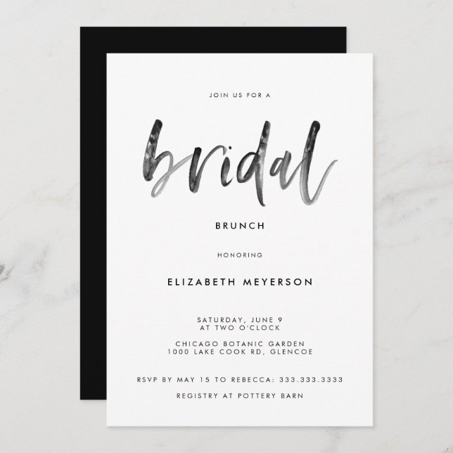 Modern Black White Brush Calligraphy Bridal Shower Invitation (Front/Back)