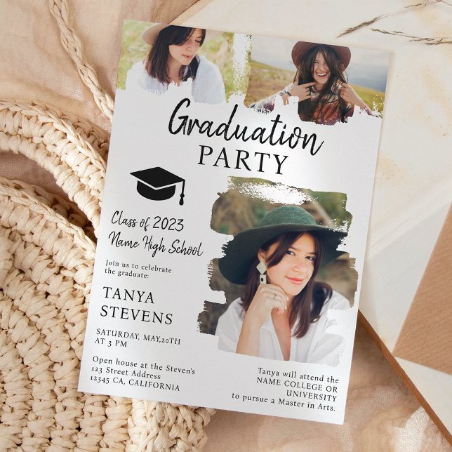 Modern black white Brushstroke 3 photos graduation Invitation (Creator Uploaded)