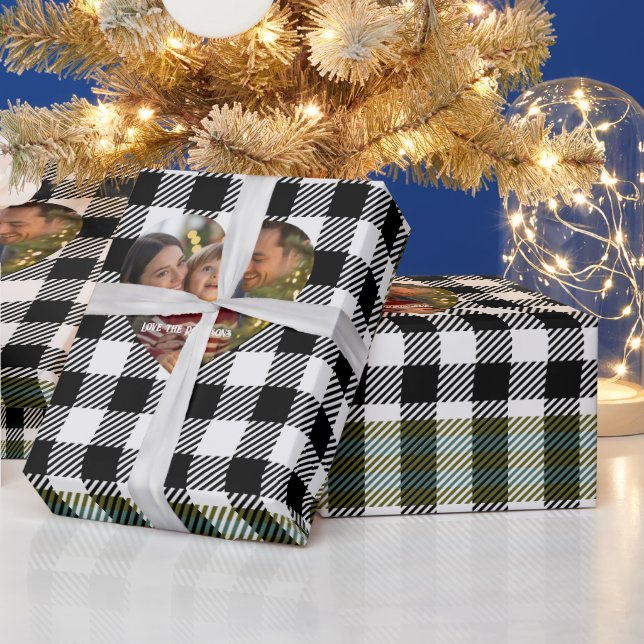 Modern Black & White Buffalo Plaid Christmas Photo Wrapping Paper (Holidays)
