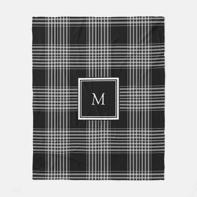 Modern black white buffalo plaid family monogram fleece blanket (Front)