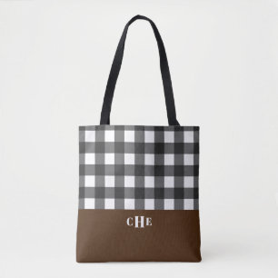 Modern Black White Buffalo Plaid with Monogram Tote Bag