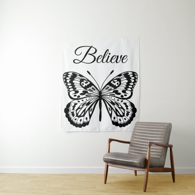 Modern Black & White Butterfly Tapestry (In Situ)
