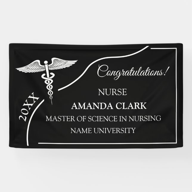 Modern Black & White Caduceus Nurse Graduation Banner (Horizontal)